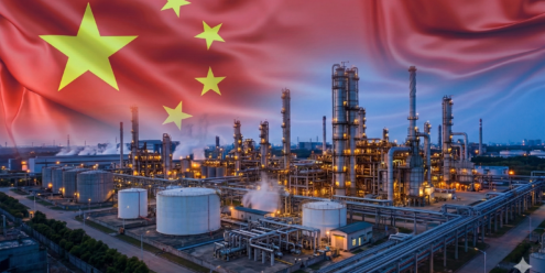 Chemical manufacturing facility with China national flag. Thumbnail for blog post on China’s anti-involution and new chemical capacity wave.