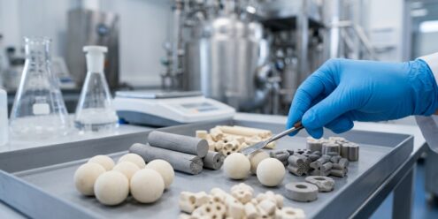 Image showing different catalyst pellets in a lab